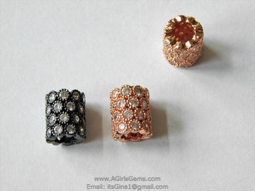 CZ Micro Pave Tube Bead, Gold, Black, Silver, Rose Clear Short Round 8 mm x 10 mm Large Hole Tube Bead Spacers, Focal Bead for Bracelets - A Girls Gems